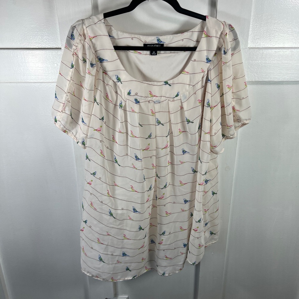 Roz & Ali Womens 2X Blouse Ivory Bird Print Flutter Sleeve Scoop Neck Top